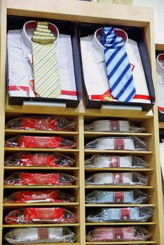 Shirts with necktie in a clothing shop.