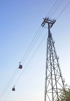 Gondola ropeway over the blue sky.