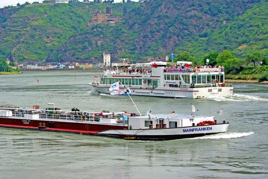 RHINE, GERMANY - AUGUST 1: Ships on Rhine river, near Loreley Rock on August 1, 2008 in Rhine, Germany.