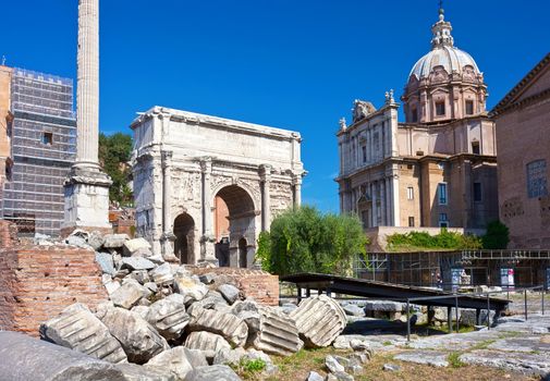 Ruins of famous ancient Roman Forum in Rome, Italy