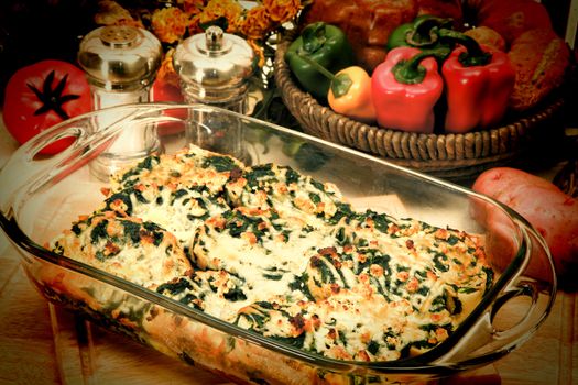 Spinach Feta Strata in kitchen or restaurant.