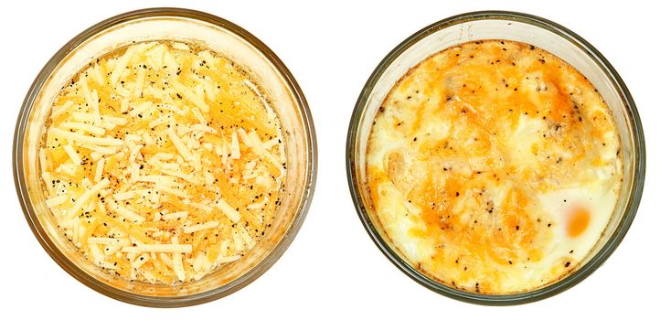 Before and After of Raw and Baked eggs with cheese and pepper.