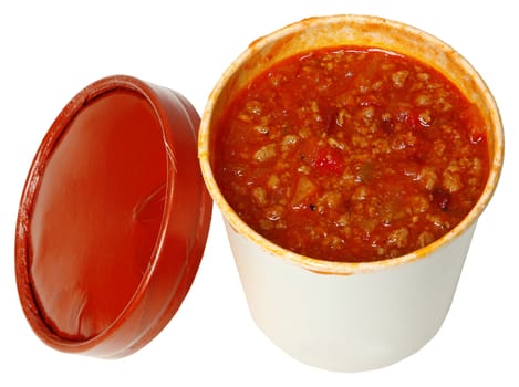 Healthy fast food to go. Spicy chili in a carryout cardboard cup over white.