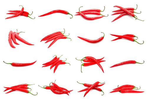 Collection of red hot chili peppers isolated on white background