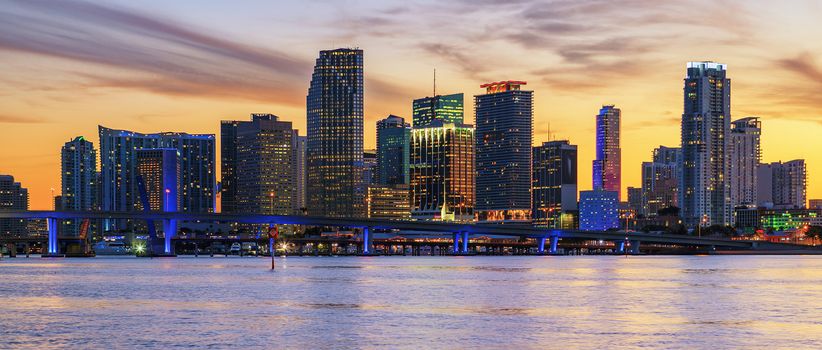 Miami Florida, sunset  with business and residential buildings, panoramic view