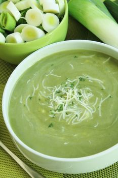 Big bowl of soup with cheese and fresh leek