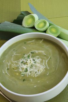 big bowl of soup and leeks