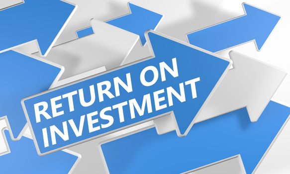Return on investment 3d render concept with blue and white arrows flying upwards over a white background.