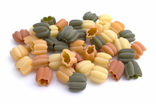Colorful pasta closeup on white background