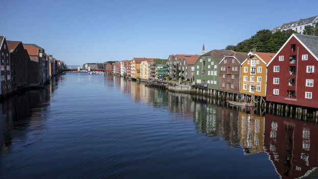 Beautiful colorful houses on river side of Nidelva, Trondheim 