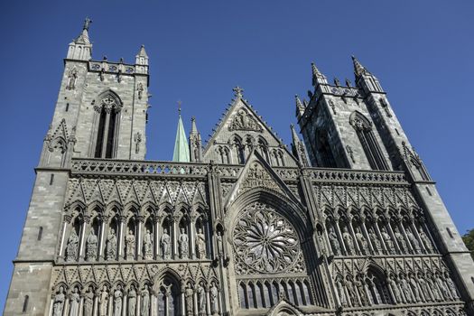 Trondheim cathedral closeup in the blue sky,Norway 