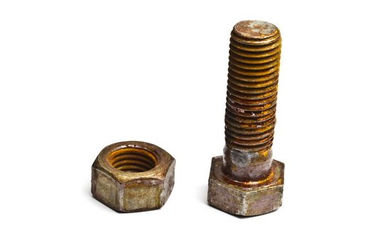 Rusty nut and bolt isolated on white background