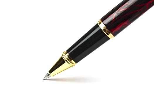 Black and ren ballpoint Pen writing on white background 