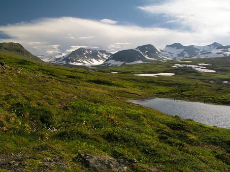  Landscape of snow mountains and green field 