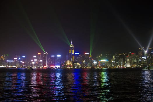 Beautiful  laser light show in Hong Kong victoria harbour
