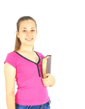 Young attractive lady staying with a book