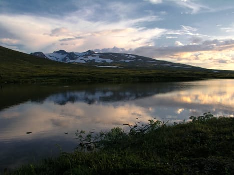 Landscape of snow mountain and lake