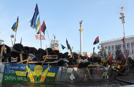 KIEV, UKRAINE - DECEMBER 24: Barricades on Khreshchatyk during anti-governmental and pro-European integration protests on December 24, 2013 in Kiev, Ukraine