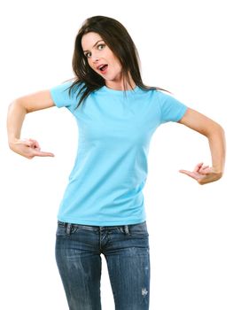 Photo of a beautiful brunette woman with blank light blue shirt. Ready for your design or artwork.