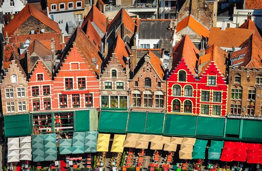 Aerial view of colorful square and houses in Bruges, Belgium