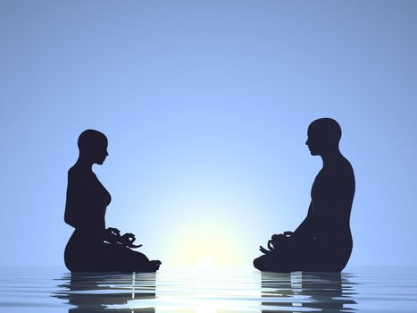 Woman and man silhouettes meditating on quiet water next to sun in blue background