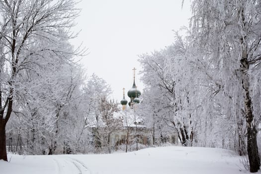 White trees and church in winter in Uglich
