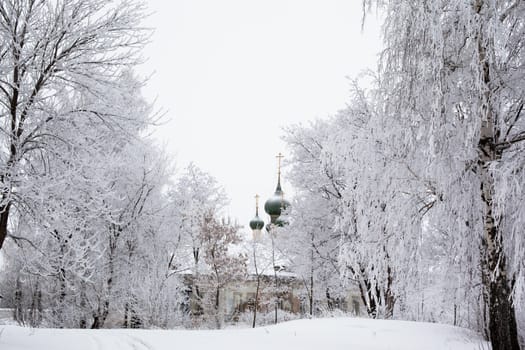 White trees and church in winter in Uglich
