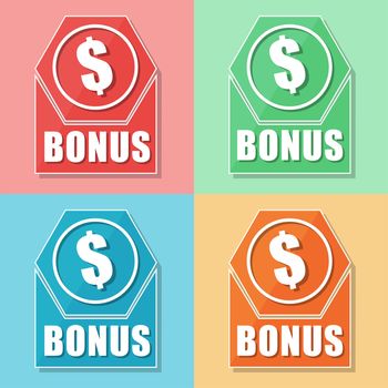 bonus and dollar sign, four colors web icons, flat design, business finance concept