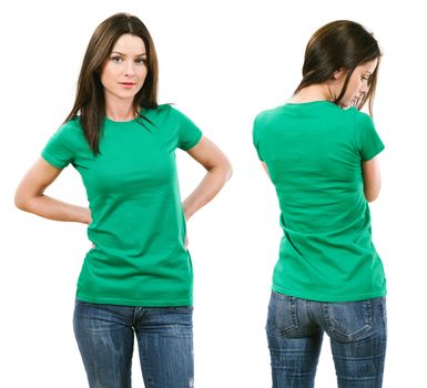 Photo of a beautiful brunette woman with blank green shirt. Ready for your design or artwork.