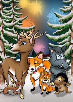 Animals And Fireworks - Cartoon Background Illustration, Bitmap