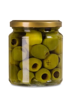 Photo of a jar of olives isolated over white background.  Clipping path included.
