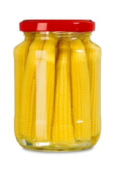 Photo of a jar of mini corn isolated over white background.  Clipping path included.
