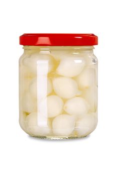 Photo of a jar of pickled onions isolated over white background.  Clipping path included.