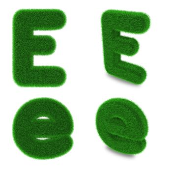 Letter E covered by green grass isolated on white background