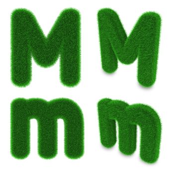 Letter M covered by green grass isolated on white background