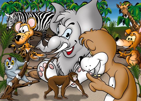 Cartoon Safari - Colored Background Illustration, Bitmap