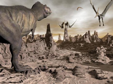 One tyrannosaurus dinosaur running to pteranodons flying upon brown rocky desert by night