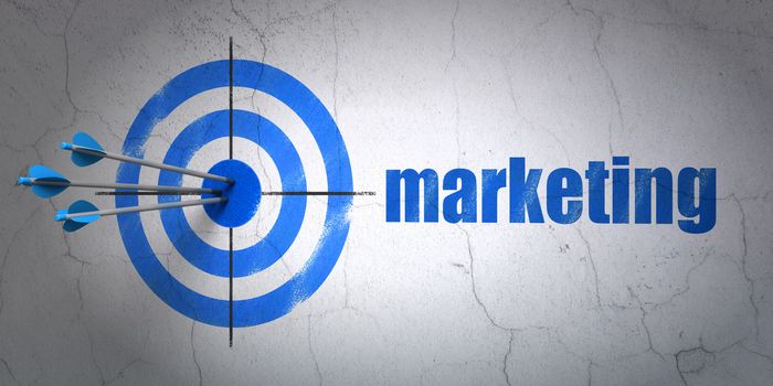 Success advertising concept: arrows hitting the center of target, Blue Marketing on wall background, 3d render