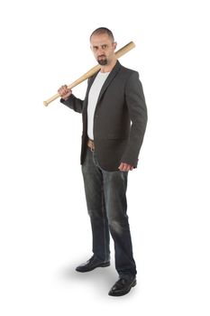 Angry man with baseball bat isolated on white