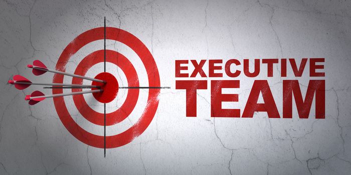 Success business concept: arrows hitting the center of target, Red Executive Team on wall background, 3d render