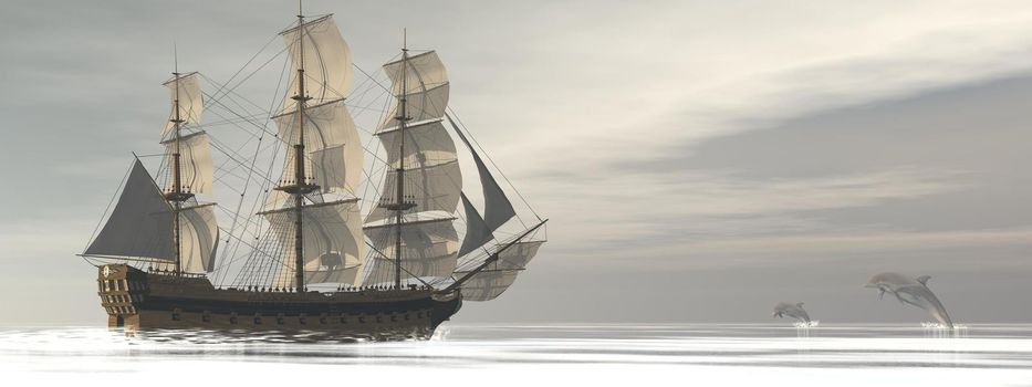 Close up on a beautiful detailed old merchant ship next to two dolphins jumping by grey cloudy day