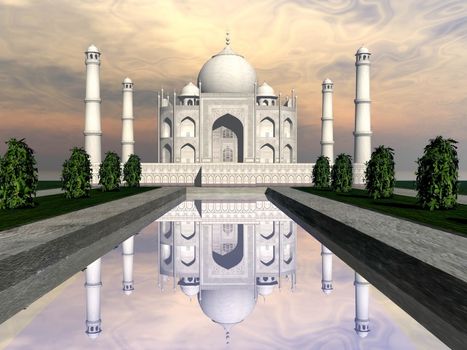 Famous Taj Mahal mausoleum and nature around by sunset, Agra, India