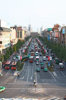 XI'AN, CHINA - JULY 7: View from the city center wall on the traffic jam on July 7, 2008 in Xi'an, Shaanxi, China.