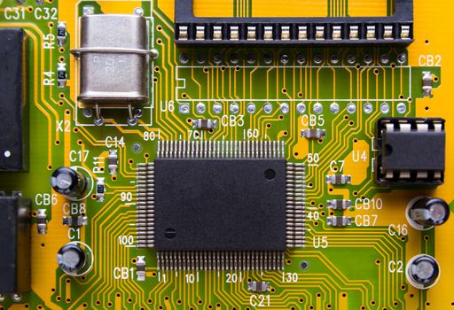 Close-up aerial view of a circuit board