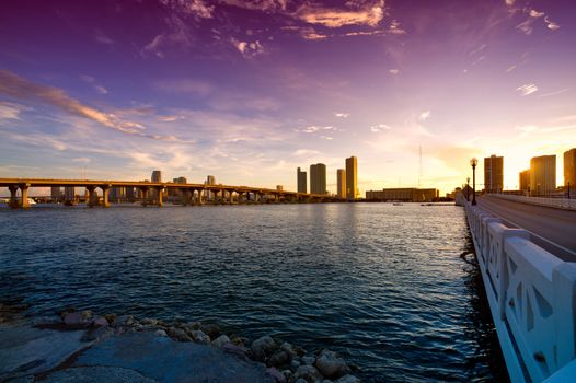 Bridge with skyscrapers in the background, Venetian Causeway, Venetian Islands, Biscayne Bay, Miami, Florida, USA