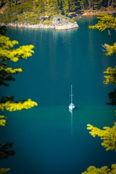 High angle view of a boat in a lake, Emerald Bay, Lake Tahoe, California, USA