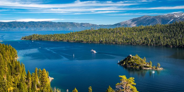 High angle view of an island in a lake, Emerald Bay, Lake Tahoe, California, USA