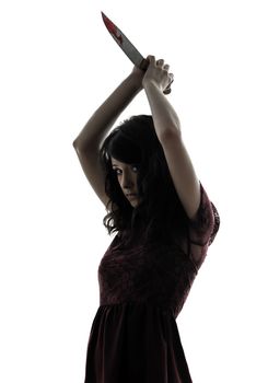 one caucasian strange young woman killer holding bloody knife in silhouette white background