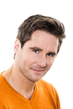one caucasian man mature handsome portrait blue eyes smiling portrait studio white background