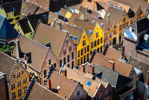 Detail of old rooftops and colorufl houses in historical town, Bruges, Belgium